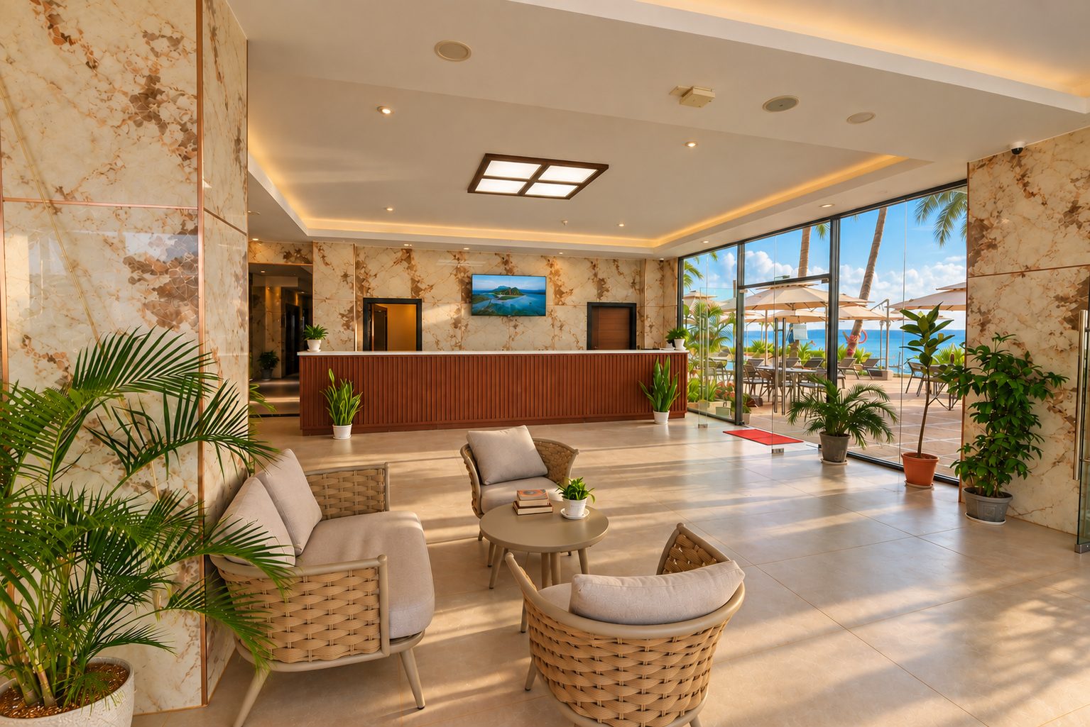 Lobby lounge with marble walls and a view of the sea