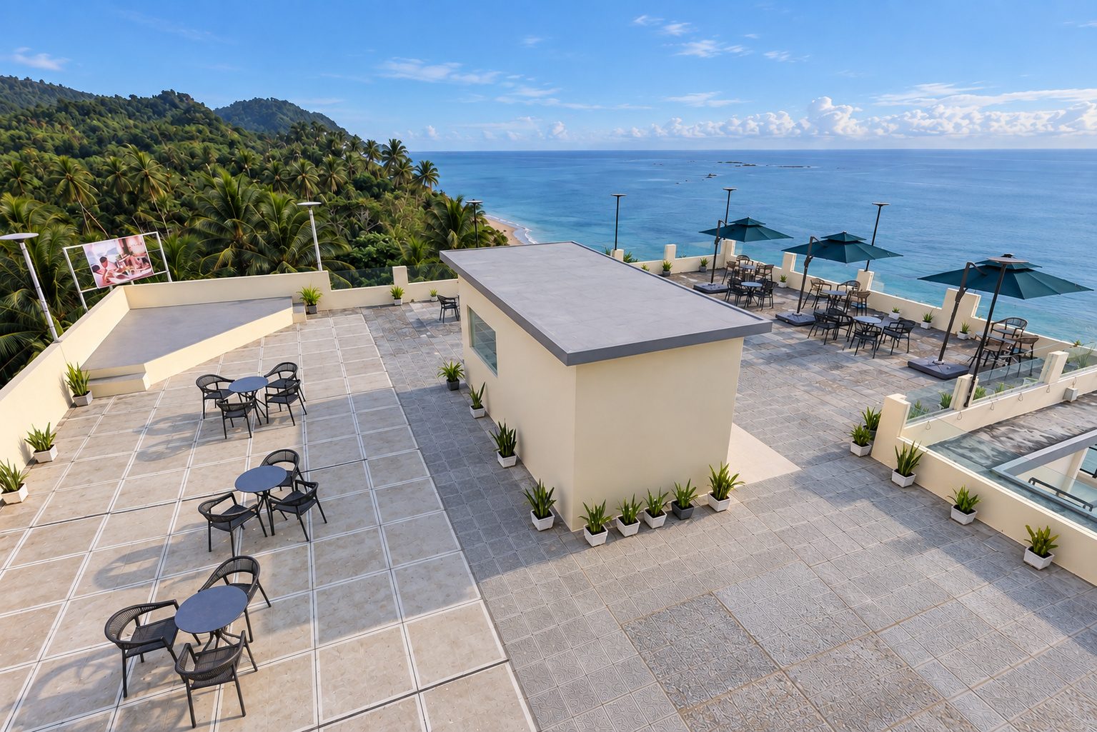 Rooftop terrace with parasols above the bay