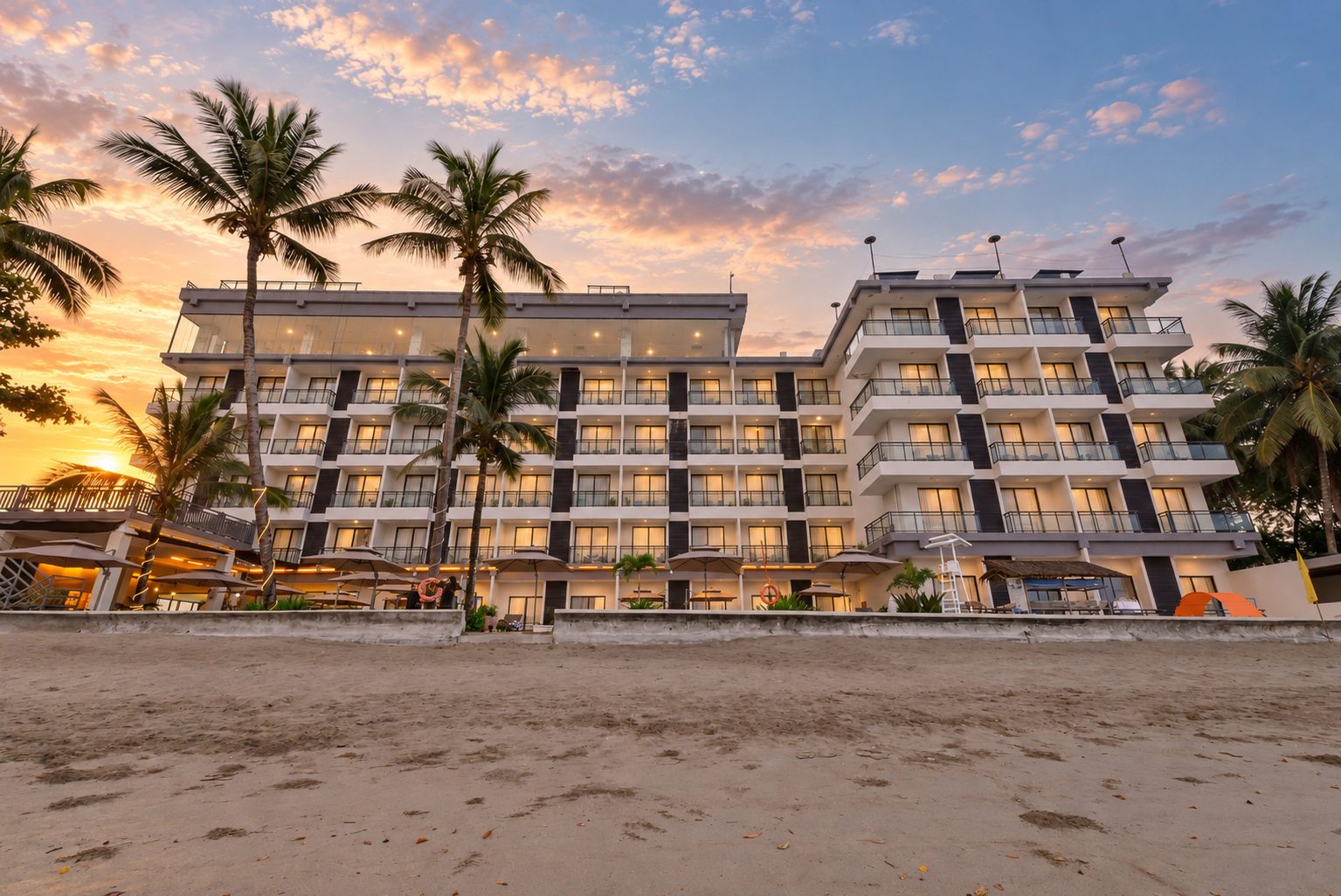 The resort from the beach at sunrise