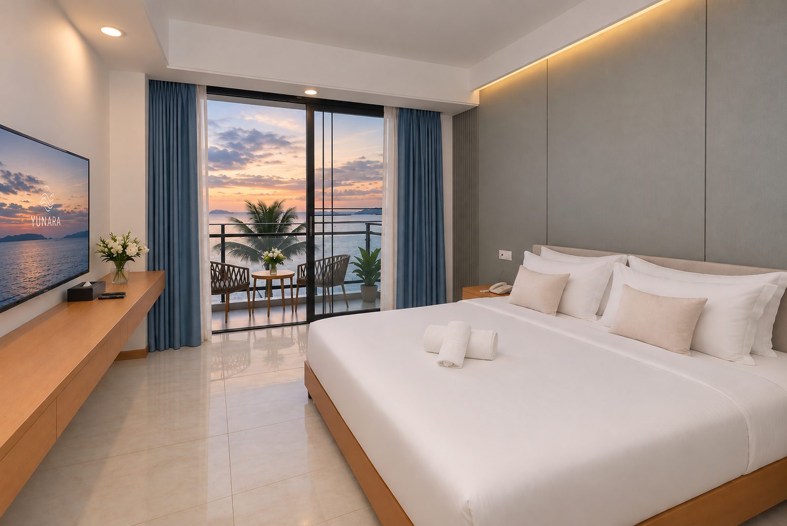 Deluxe Seaview room with king bed opening to a sea balcony